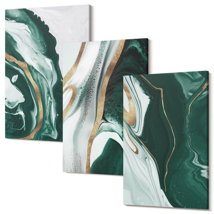 Picturi pe panza triptic pentru living, Wallfluent, Modele abstracte de vopsea verde, 3 piese, 3x40x60 cm, Decorativ, Modern, 040030010480000287161