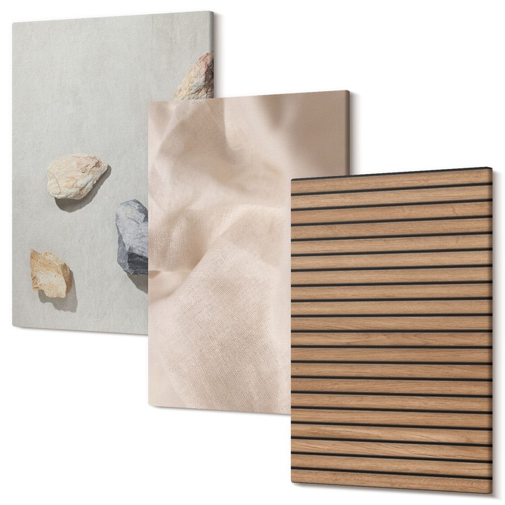 Tablouri modulare perete, Wallfluent, Texturi tesaturi din lemn de pietre, 3 piese, 3x20x30 cm, Decorativ, Modern, 040030010470000288921