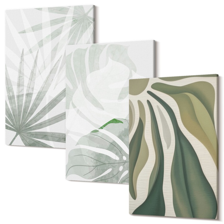 Set Tablou 3 Piese Triptic, Wallfluent, Frunzele plantelor in verde si gri, 3 piese, 3x20x30 cm, Decorativ, Modern, 040030010470000287141