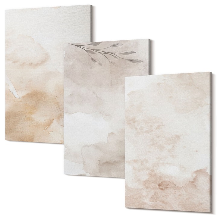 Picturi pe panza triptic pentru living, Wallfluent, Acuarela frunze pastelate, 3 piese, 3x40x60 cm, Decorativ, Modern, 040030010480000288923
