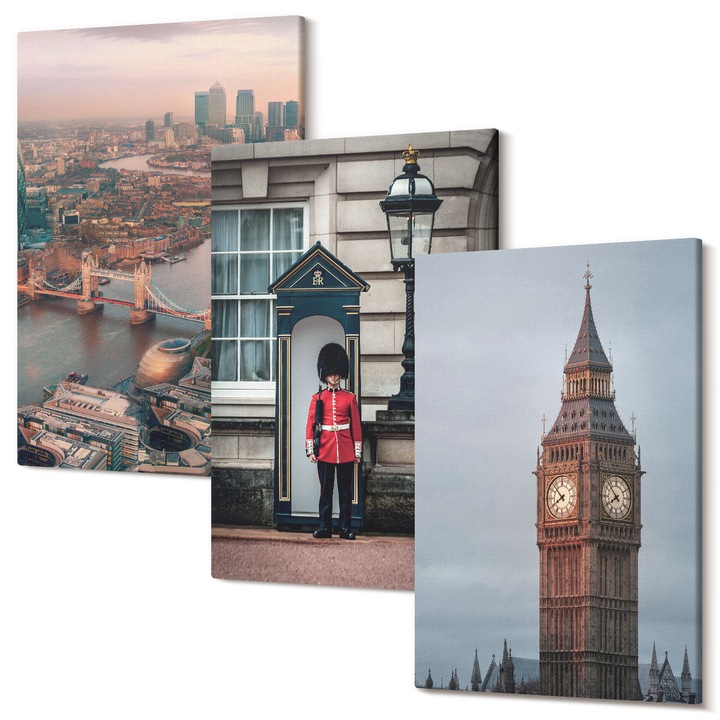 Picturi pe panza triptic pentru living, Wallfluent, London Bridge Guardian Big Ben, 3 piese, 3x40x60 cm, Decorativ, Modern, 040030010480000287126