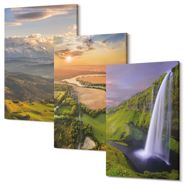 Set Tablouri Canvas decor interior, Wallfluent, Rauri de munte cascade natura, 3 piese, 3x20x30 cm, Decorativ, Modern, 040030010470000286793