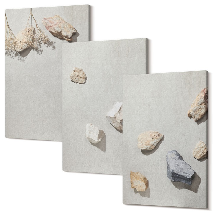 Picturi pe panza triptic pentru living, Wallfluent, Decoratiuni de plaja cu pietre boho, 3 piese, 3x40x60 cm, Decorativ, Modern, 040030010480000288881