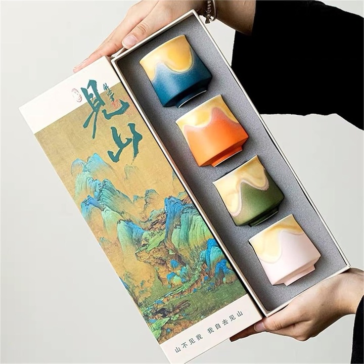 1 Set de ceai din portelan cu pictura in stil chinezesc antic pentru adulti, Set de ceai portabil de calatorie, Cesti de ceai din ceramica 2025 cu cutie cadou cu design, Cesti de ceai chinezesti, Cesti de ceai japoneze, 130ml (4 bucati), Verde