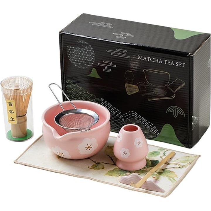 Set Matcha roz, set de 7 teluri Matcha, include bol Matcha cu cioc, tel din bambus cu suport ceramic, lingura si sita Matcha, suport pentru lingura, kit Matcha pentru ceremonie, cadou pentru iubitorii de Matcha