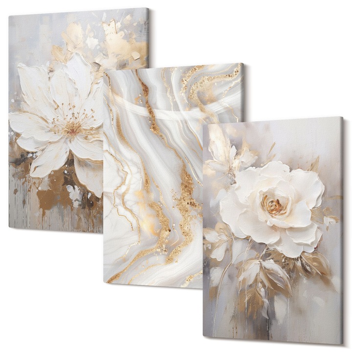 Set Tablouri Canvas decor interior, Wallfluent, Flori abstracte din marmura, 3 piese, 3x40x60 cm, Decorativ, Modern, 040030010480000286828