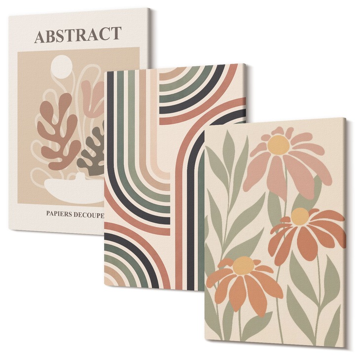 Set Tablouri Polycanvas, Wallfluent, Plante abstracte in pasteluri, 3 piese, 3x20x30 cm, Decorativ, Modern, 040030010470000287284