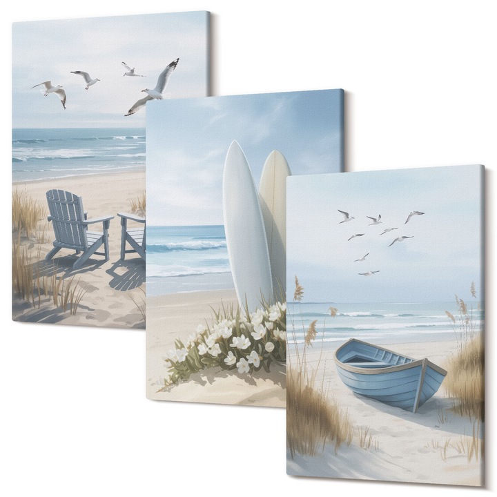 Set Tablouri Canvas decor interior, Wallfluent, Placi de surf de plaja pasari, 3 piese, 3x40x60 cm, Decorativ, Modern, 040030010480000286898