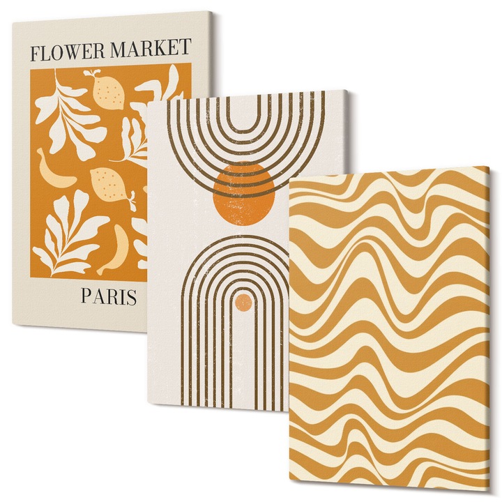 Set Tablouri Canvas decor interior, Wallfluent, Afise cu modele geometrice de plante, 3 piese, 3x20x30 cm, Decorativ, Modern, 040030010470000287269