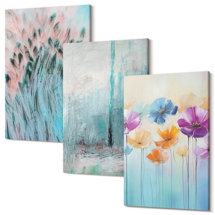 Set Tablou Canvas, Wallfluent, Modele de fundal cu flori pastelate, 3 piese, 3x20x30 cm, Decorativ, Modern, 040030010470000286834