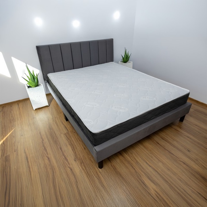 Set pat tapitat catifea Limess, elemente lemn masiv si saltea ortopedica Optima Silver, plasa de arcuri, 140x200 cm, gri