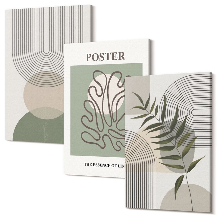 Set tablouri, Wallfluent, botanice geometrice, 3 piese, 40x60 cm, panza