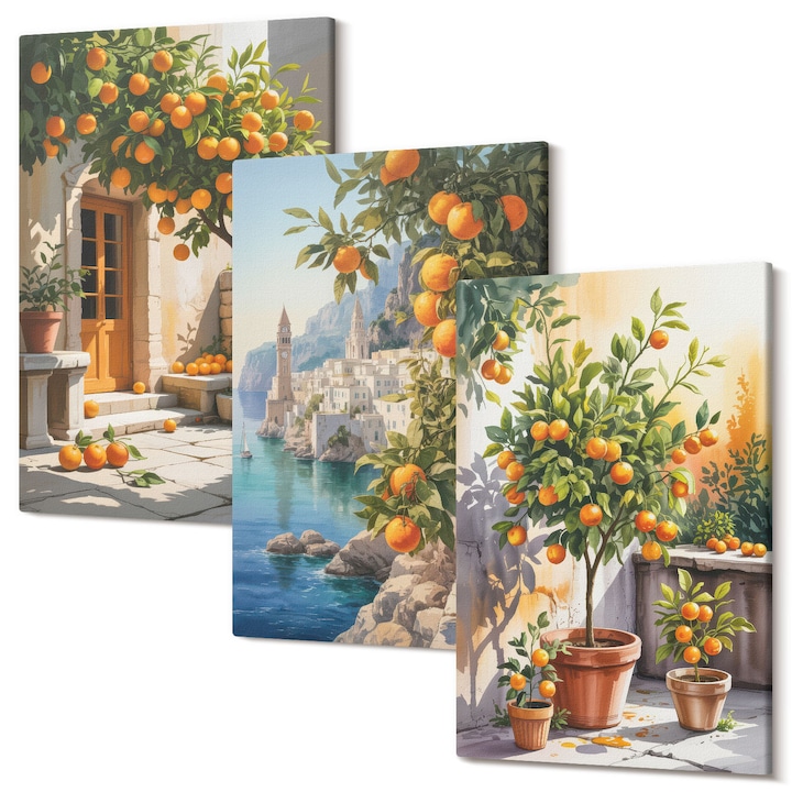 Set Tablouri Canvas decor interior, Wallfluent, Peisaje citrice pictate, 3 piese, 3x20x30 cm, Decorativ, Modern, 040030010470000286863
