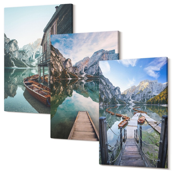 Decor perete tablouri, Wallfluent, Lac munti barci din lemn, 3 piese, 3x20x30 cm, Decorativ, Modern, 040030010470000286740