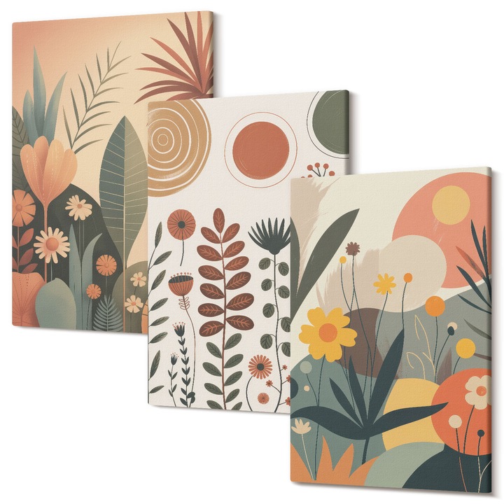 Set Tablouri Polycanvas, Wallfluent, Modele de plante Boho natura, 3 piese, 3x20x30 cm, Decorativ, Modern, 040030010470000286934
