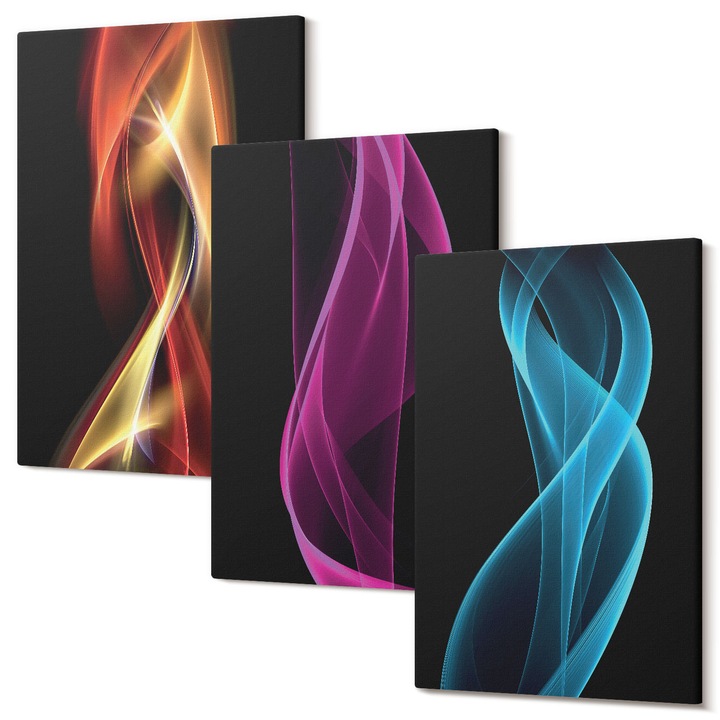 Picturi pe panza triptic pentru living, Wallfluent, Unde de neon linii fundal intunecat, 3 piese, 3x20x30 cm, Decorativ, Modern, 040030010470000286818
