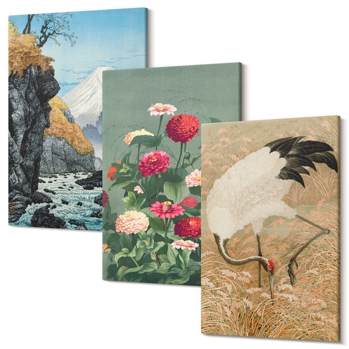 Triptic, Set tablouri multicanvas Tulup, Munti in peisaj, rau, flori si macarale in iarba, 3 piese, 3x40x60 cm, Design modern, Stil, Print pe panza canvas, Pentru interior, Tablou Dormitor, 040030010480000286732