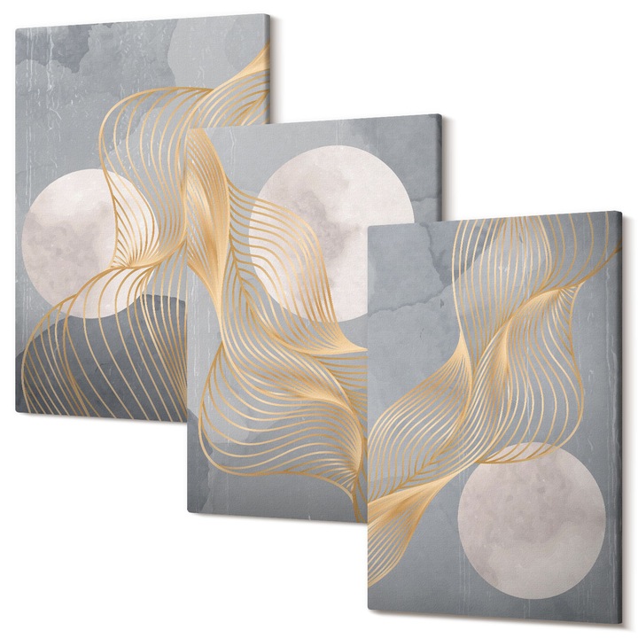 Tablou multicanvas, Tulup, Modele abstracte cu valuri si cercuri pe fundal gri, 3 piese, 3x40x60 cm, Decorativ, Tablou gata de agatat pe perete, Tablou Dormitor, Pentru interior, Tablou Dormitor, 040030010480000286739