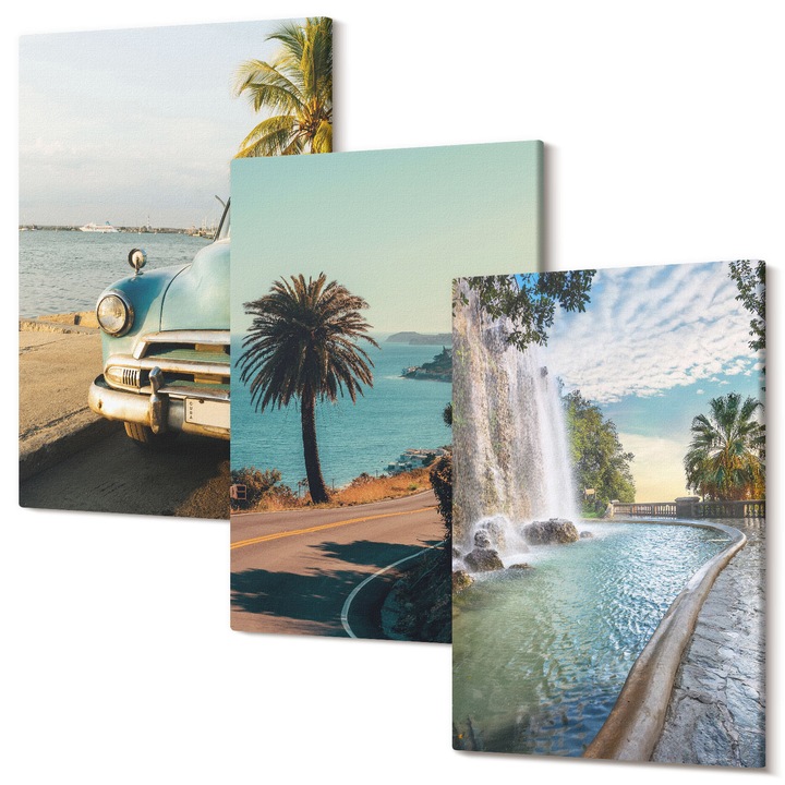 Triptic, Set tablouri multicanvas Tulup, Peisaje de vacanta cu palmiere si cascada, 3 piese, 3x40x60 cm, Calitativ, Tablou din mai multe piese, Tablou gata de agatat pe perete, Estetic, Pentru interior, Tablou Dormitor, 040030010480000286851