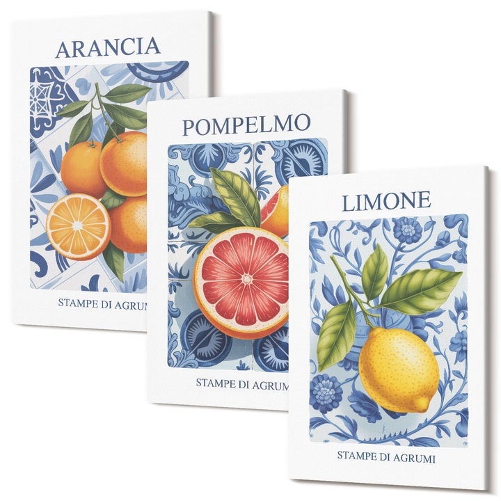Set Tablouri Canvas decor interior, Wallfluent, Ilustratii de epoca cu fructe citrice, 3 piese, 3x40x60 cm, Decorativ, Modern, 040030010480000286940
