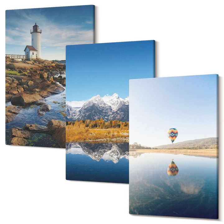 Set Tablou 3 Piese Triptic, Wallfluent, Vederi asupra naturii, far, munti, balon, 3 piese, 3x20x30 cm, Decorativ, Modern, 040030010470000286637