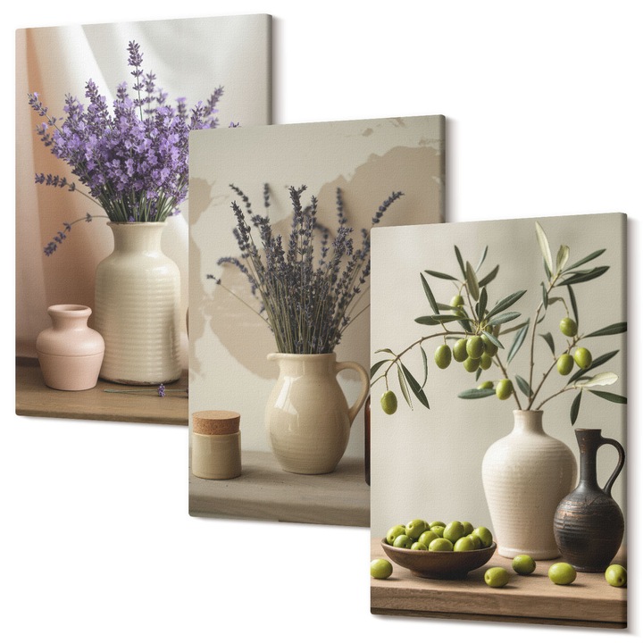 Set Tablouri Canvas, Wallfluent, Lavanda flori masline vase, 3 piese, 40x60cm