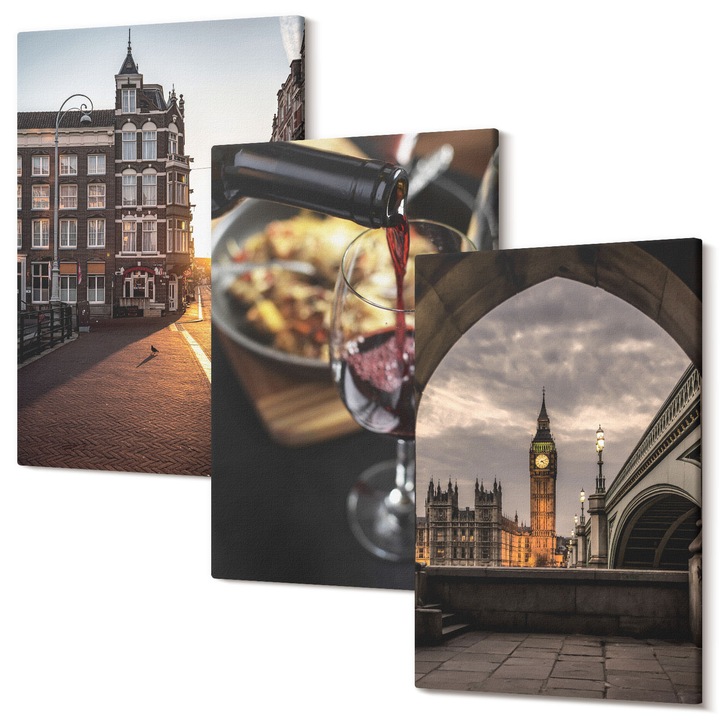 Set Tablou Canvas, Wallfluent, Imagini City food Londra, 3 piese, 3x40x60 cm, Decorativ, Modern, 040030010480000286841