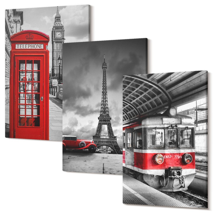 Set Tablouri Canvas decor interior, Wallfluent, Icoane Londra Paris transport, 3 piese, 3x20x30 cm, Decorativ, Modern, 040030010470000286667