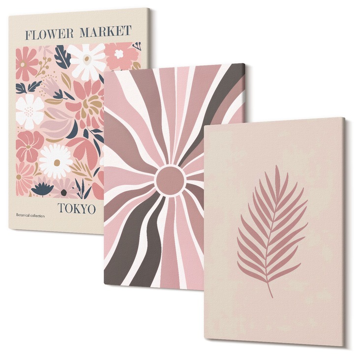 Tablou multicanvas, Tulup, Modele florale cu frunza si forme geometrice, 3 piese, 3x40x60 cm, Calitativ, Tablou din mai multe piese, Estetic, Pentru interior, Tablou Dormitor, 040030010480000287286