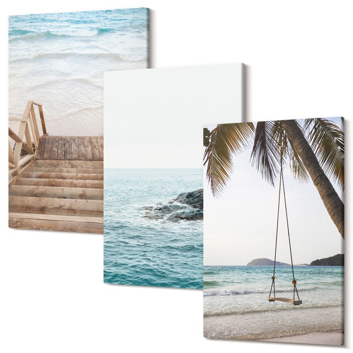 Set Tablouri Canvas decor interior, Wallfluent, Scari plaja leagan de mare, 3 piese, 3x20x30 cm, Decorativ, Modern, 040030010470000287185