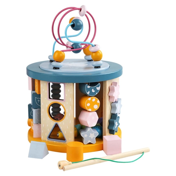 Cub educativ rotativ din lemn 5 in 1, sortator forme, labirint cu bile, abac, joc magnetic si activitati logice, 2 ani+, SALLMA®