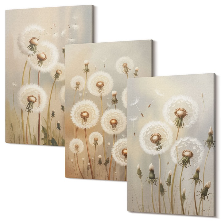 Set Tablou Canvas, Wallfluent, Papadii albe pe un fundal deschis, 3 piese, 3x40x60 cm, Decorativ, Modern, 040030010480000286876