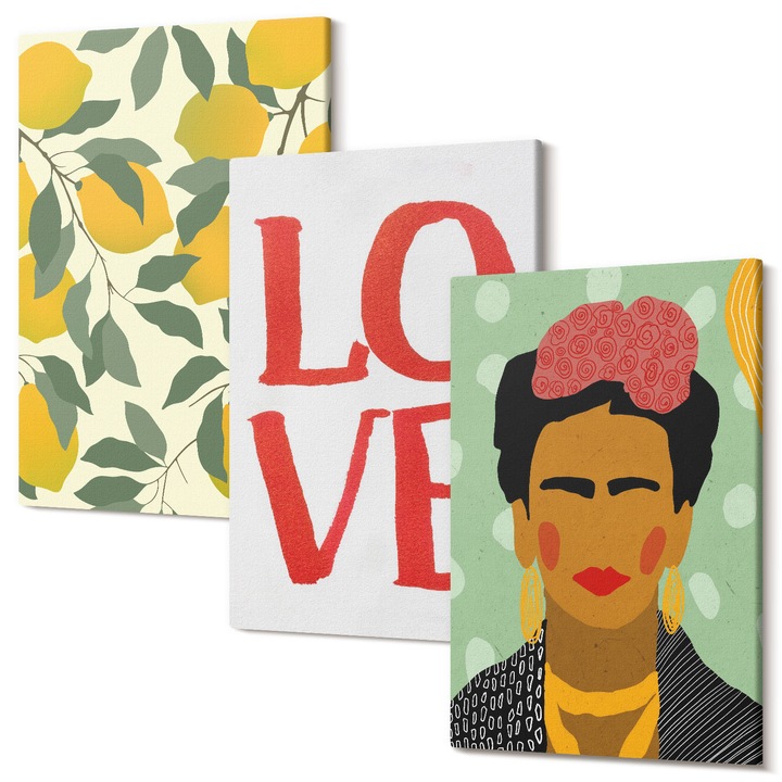 Set tablouri, Wallfluent, Lemons LOVE, 3 piese, 20x30cm, decorativ, modern