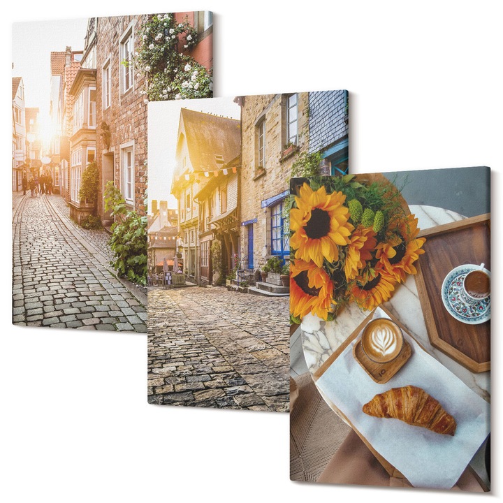 Set Tablouri Polycanvas, Wallfluent, Strazi cafea floarea soarelui, 3 piese, 3x20x30 cm, Decorativ, Modern, 040030010470000286745