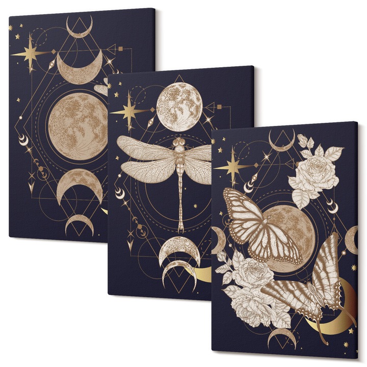 Set tablouri pe pânză, Wallfluent, motive naturii flori de lună, 3 piese, 20x30cm, decorativ