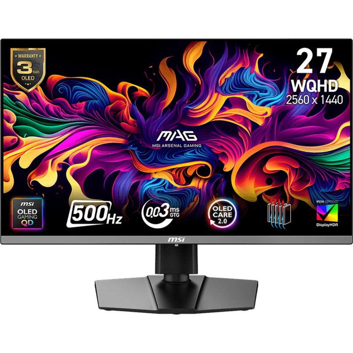 MSI MAG 272QP QD-OLED X50 Játékmonitor, WQHD, 2560 x 1440, HDMI, DisplayPort, 500 Hz, 0,03 ms, Fekete 9S6-3CD79A-032