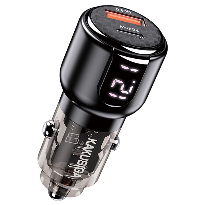 Autós töltő, Type-C és USB, Gyors töltés 75W, Fekete KSC-1178