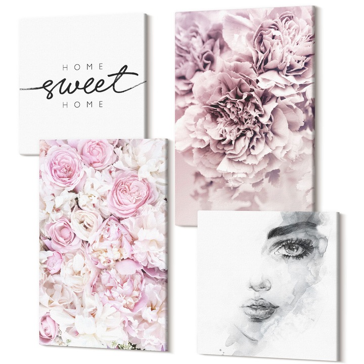 Decor perete tablouri, Wallfluent, Portret cu bujori al unei femei pentru casa, 4 piese, 2x40x40 + 2x40x60 cm, Decorativ, Modern, 040030010490000287811