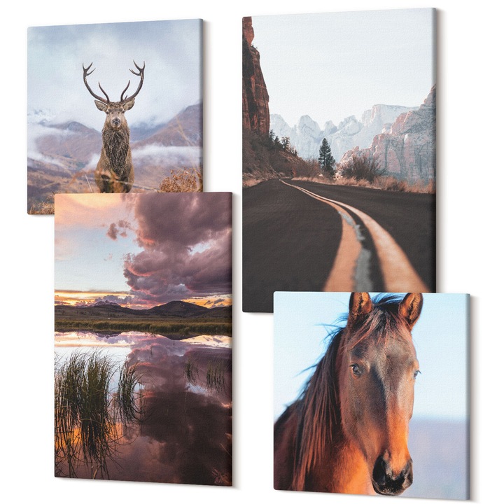 Vászonkép szett, Wallfluent, Hegyi tájak rénszarvas lovas út, 4 részes, (2x40x40 cm + 2x40x60 cm), Dekoratív, Modern, 040030010490000287347