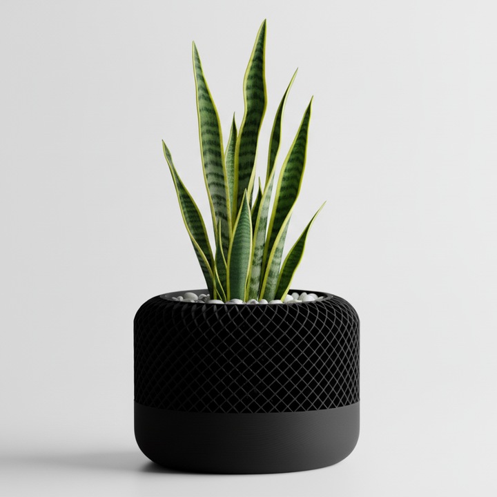 Ghiveci premium cu design texturat tip plasa, culoare Midnight Onyx, plastic PLA, diametru 10cm, inaltime 10cm