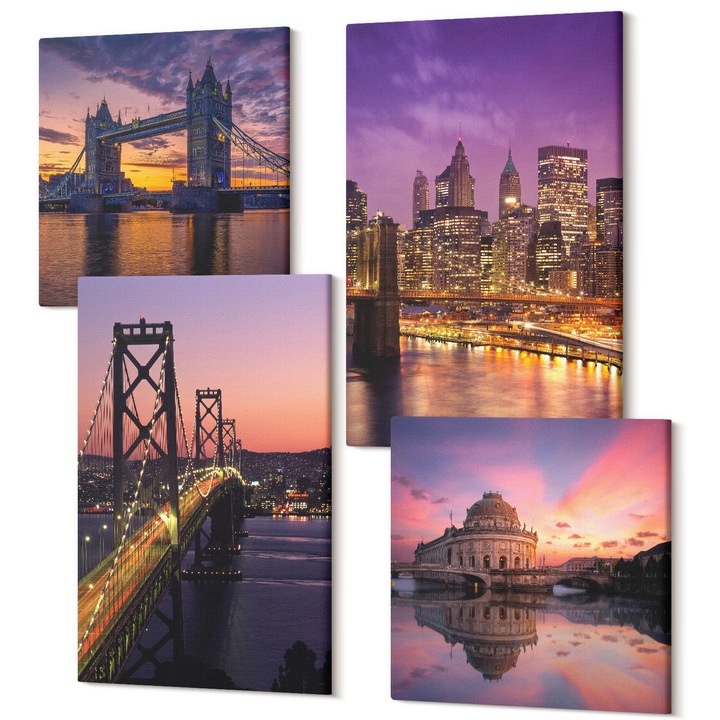 Tablouri modulare perete, Wallfluent, Poduri, soare, vedere la oras, 4 piese, 2x40x40 + 2x40x60 cm, Decorativ, Modern, 040030010490000287348