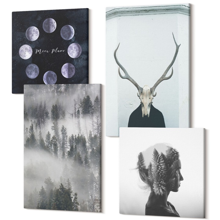 Tablouri modulare perete, Wallfluent, Padure ceata luna craniu femeie, 4 piese, 2x40x40 + 2x40x60 cm, Decorativ, Modern, 040030010490000287341