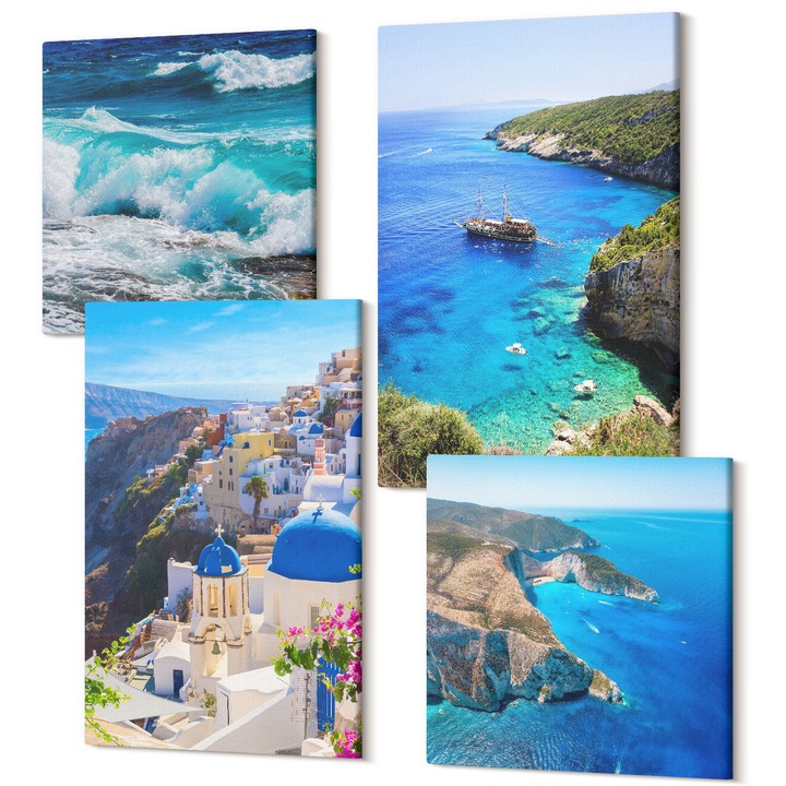 4 darabos modern vászonkép szett, Wallfluent, Görög kilátás nyílik Santorini Oiára, 4 részes, (2x40x40 cm + 2x40x60 cm), Dekoratív, Modern, 040030010490000287319