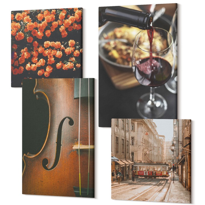 Vászonkép nyomtatás, Wallfluent, Vintage virágok utcai borhegedű, 4 részes, (2x40x40 cm + 2x40x60 cm), Dekoratív, Modern, 040030010490000287327