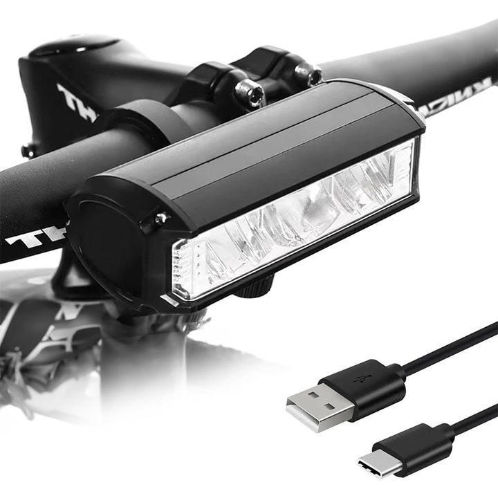 Far bicicleta LED 900 lumeni, 4 moduri de iluminare, negru, dimensiuni 91x41x30mm, reincarcabil USB, 2000mAh
