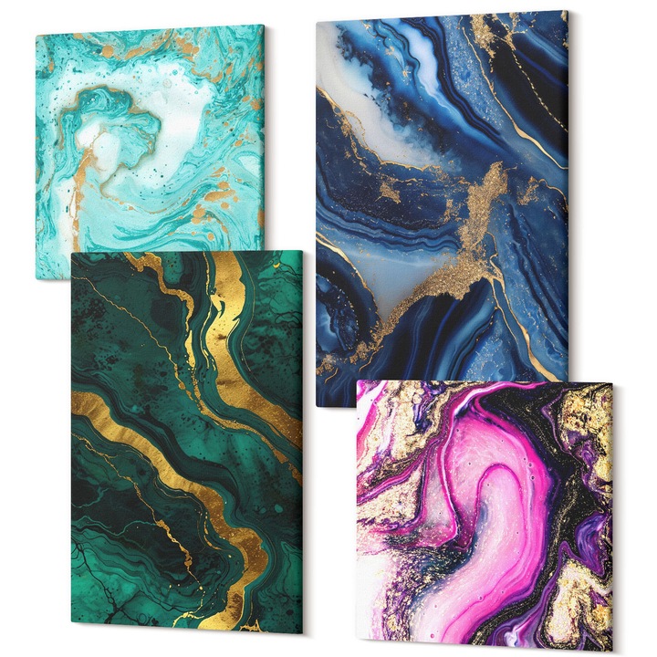 Set Tablou Canvas, Wallfluent, Modele abstracte de roz, verde, albastru, 4 piese, 2x40x40 + 2x40x60 cm, Decorativ, Modern, 040030010490000287471