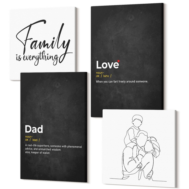 Set Tablouri Polycanvas, Wallfluent, Definitii de arta in linie de familie ale dragostei, 4 piese, 2x40x40 + 2x40x60 cm, Decorativ, Modern, 040030010490000287445