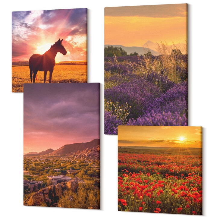 Picturi pe panza tetraptic pentru living, Wallfluent, Peisaj montan cal lavanda, 4 piese, 2x40x40 + 2x40x60 cm, Decorativ, Modern, 040030010490000287406