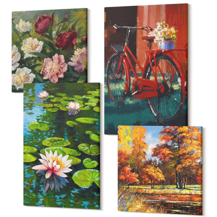 Set Tablouri Canvas decor interior, Wallfluent, Nuferi biciclete flori, 4 piese, 2x40x40 + 2x40x60 cm, Decorativ, Modern, 040030010490000287472