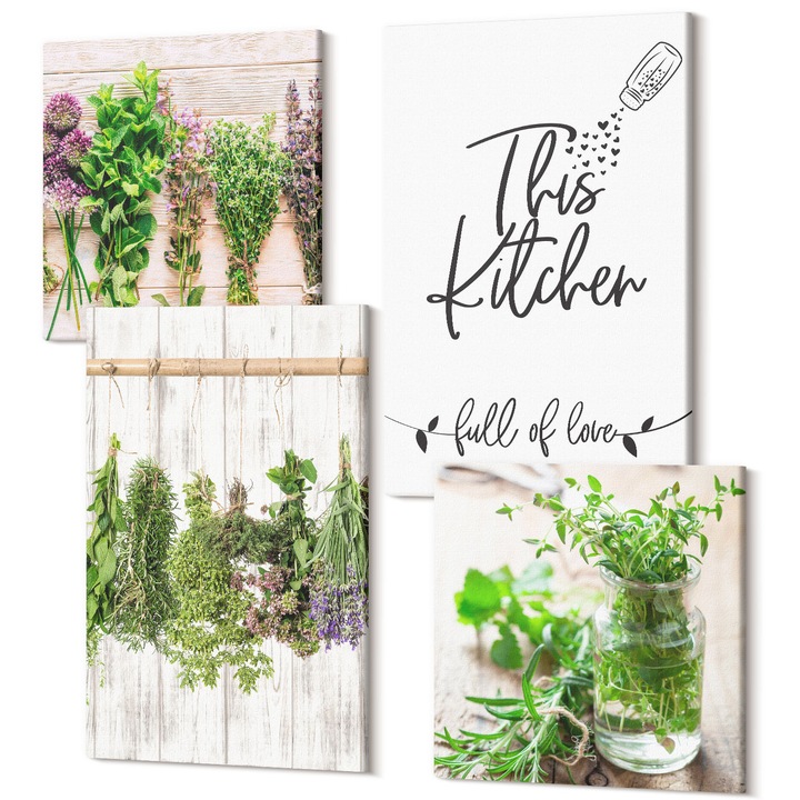 Set Tablouri Canvas decor interior, Wallfluent, Plante de ierburi pentru uscare in bucatarie, 4 piese, 2x40x40 + 2x40x60 cm, Decorativ, Modern, 040030010490000287444